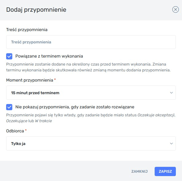 Opcja przypomnienia o zadaniu